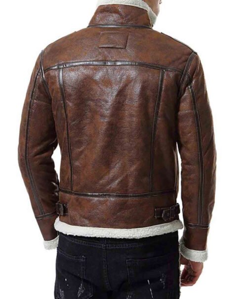 Men’s Biker Shearling Bomber Distressed Brown Leather Jacket - Image 2