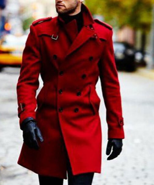 Men’s Double Breasted Red Belted Coat - Image 4