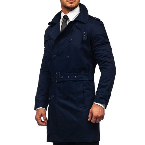 Men’s Double-Breasted Navy Blue Trench Coat - Image 3