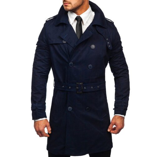 Men’s Double-Breasted Navy Blue Trench Coat