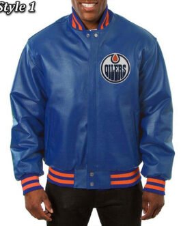 Varsity Edmonton Oilers Royal Blue Leather Jacket