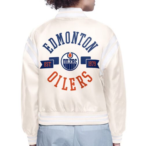 Edmonton Oilers Printed Logo Varsity Satin Jacket - Image 4