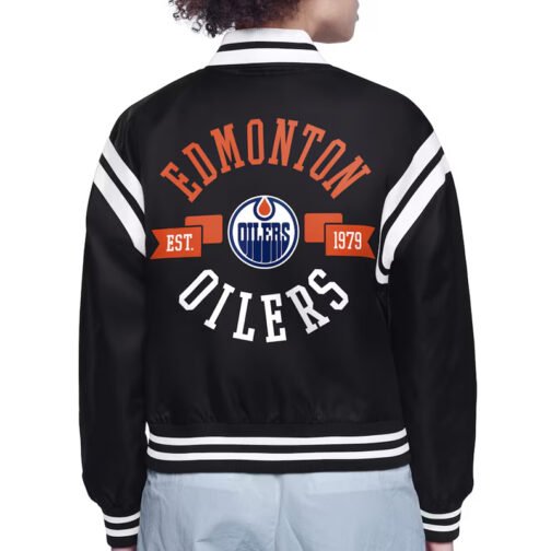 Edmonton Oilers Printed Logo Varsity Satin Jacket - Image 3