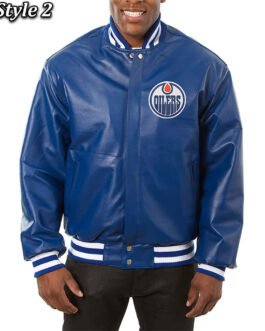 Varsity Edmonton Oilers Royal Blue Leather Jacket