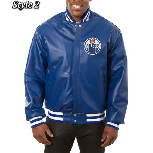 Varsity Edmonton Oilers Royal Blue Leather Jacket - Image 2
