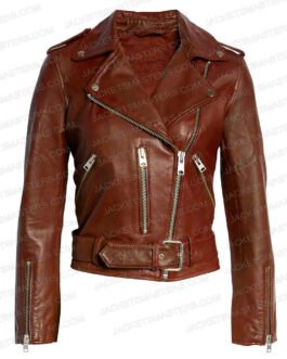 Sandra Mae Frank New Amsterdam Brown Biker Leather Jacket