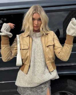 Elsa Hosk Bomber Cropped Leather Jacket