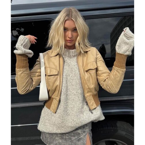 Elsa Hosk Bomber Cropped Leather Jacket - Image 2