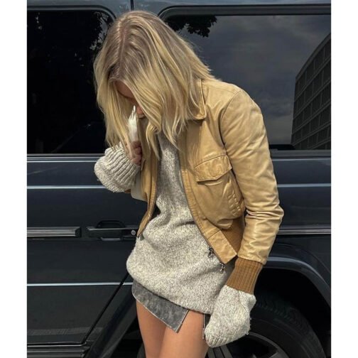 Elsa Hosk Bomber Cropped Leather Jacket - Image 6