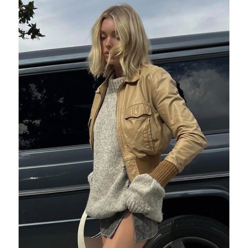 Elsa Hosk Bomber Cropped Leather Jacket - Image 7