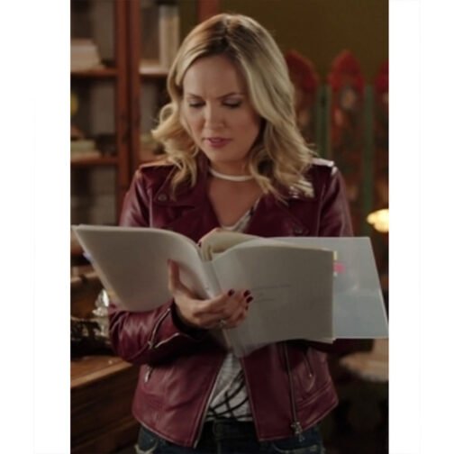 Chesapeake Shores Emilie Ullerup Biker Burgundy Leather Jacket - Image 6