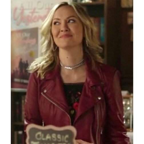 Chesapeake Shores Emilie Ullerup Biker Burgundy Leather Jacket - Image 8