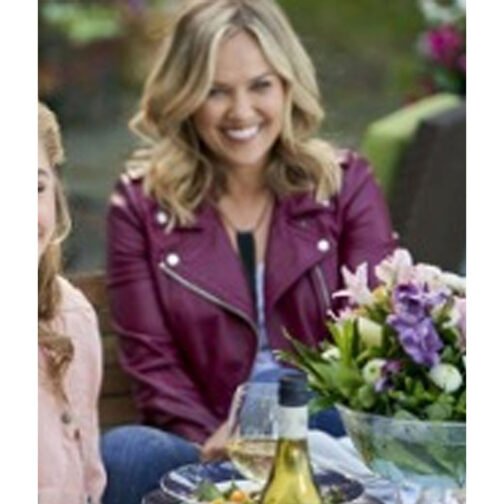 Chesapeake Shores Emilie Ullerup Biker Burgundy Leather Jacket - Image 5