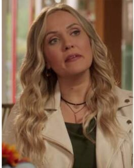 Emilie Ullerup Chesapeake Shores White Biker Leather Jacket
