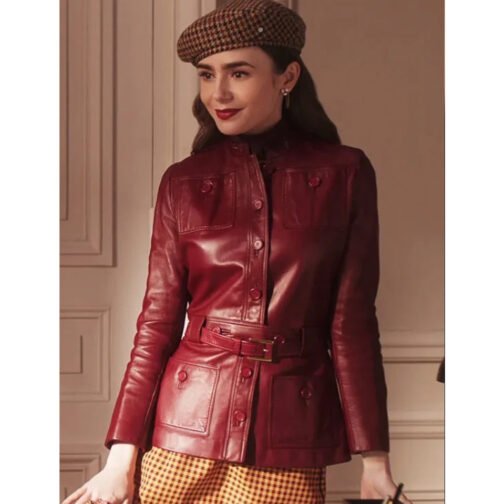 Emily in Paris S04 Lily Collins Burgundy Leather Jacket - Image 2