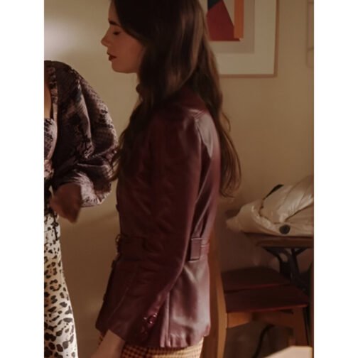 Emily in Paris S04 Lily Collins Burgundy Leather Jacket - Image 8