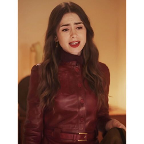 Emily in Paris S04 Lily Collins Burgundy Leather Jacket - Image 9