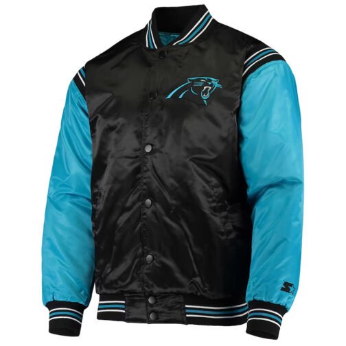 Carolina Panthers Enforcer Satin Black/Blue Varsity Jacket