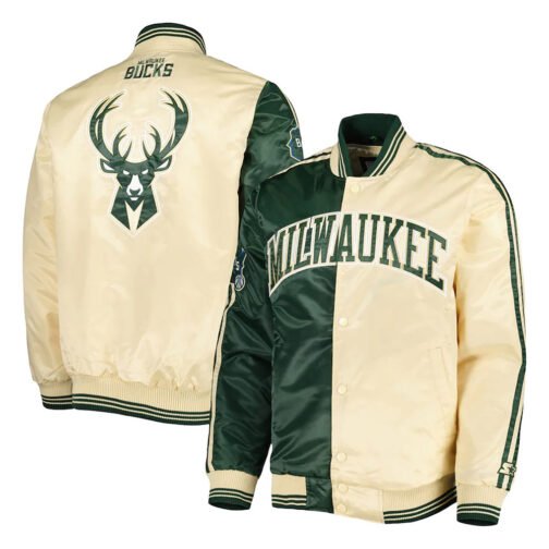 Milwaukee Bucks Fast Break Green/Cream Satin Jacket - Image 2