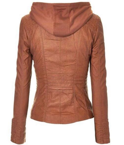 Women’s Zip Up Brown Faux Leather Jacket with Hood - Image 2