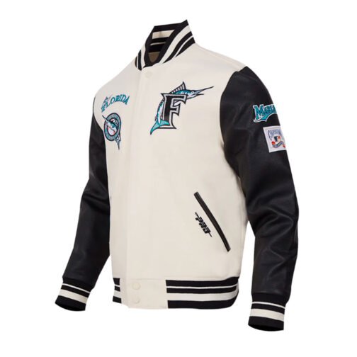 Florida Marlins Retro Classic Rib Black/Eggshell Varsity Jacket - Image 6