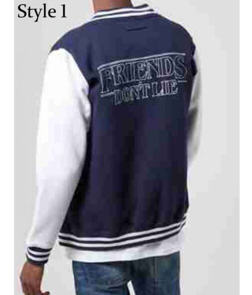 Varsity Friends Don’t Lie Stranger Things Blue and White Jacket - Image 2