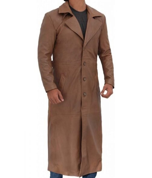 Men’s Brown Waxed Leather Full Length Coat - Image 3