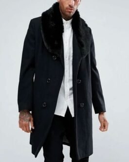 Men’s Double Breasted Black Overcoat with Faux Fur Trim