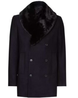 Men’s Blue Peacoat with Faux Fur Trimmed