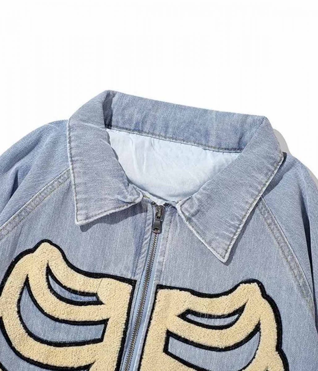 Denim Skulls Patchwork Furry Jacket - Image 5