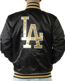 LA Dodgers Gold Patches Black Satin Jacket