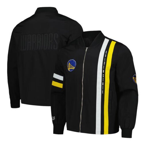 Golden State Warriors Black Stitch Applique Bomber Jacket - Image 3