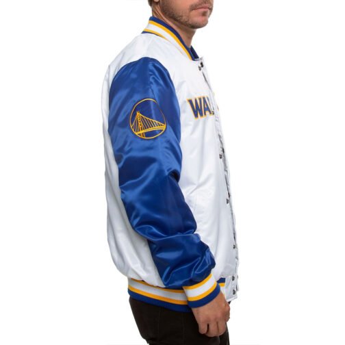 Golden State Warriors Blue and White Varsity Satin Jacket - Image 4