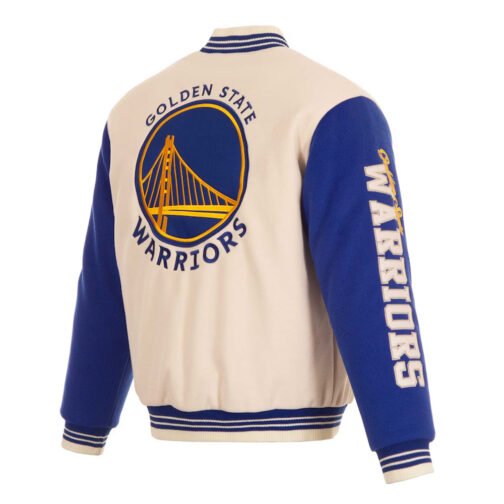 Golden State Warriors Cream and Blue Varsity Jacket - Image 2