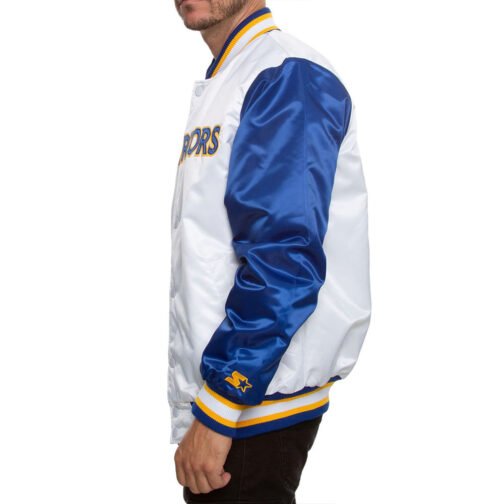Golden State Warriors Blue and White Varsity Satin Jacket - Image 5