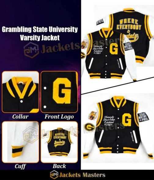 Grambling State University Motto 2.0 Varsity Black and White Jacket - Image 3