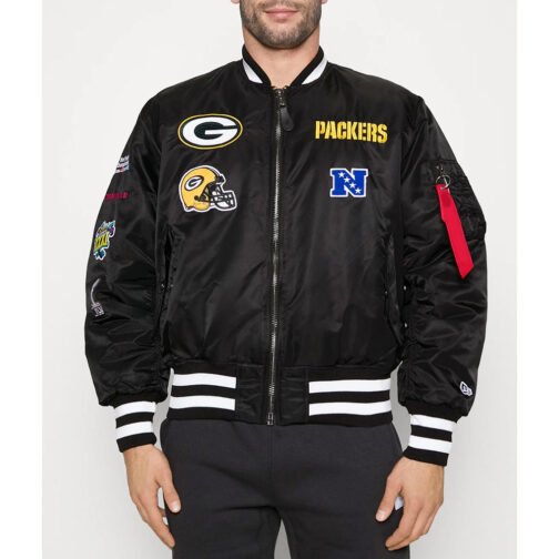 Green Bay Packers Black Bomber MA-1 Jacket - Image 3