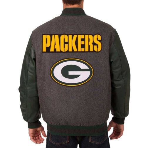 Green Bay Packers Charcoal and Green Varsity Jacket - Image 2