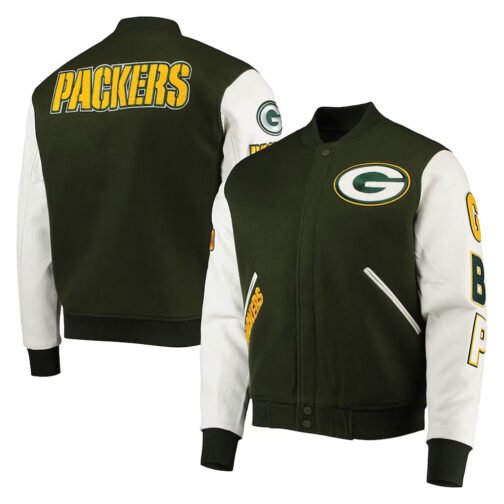 Green Bay Packers Logo Green and White Varsity Jacket - Image 3