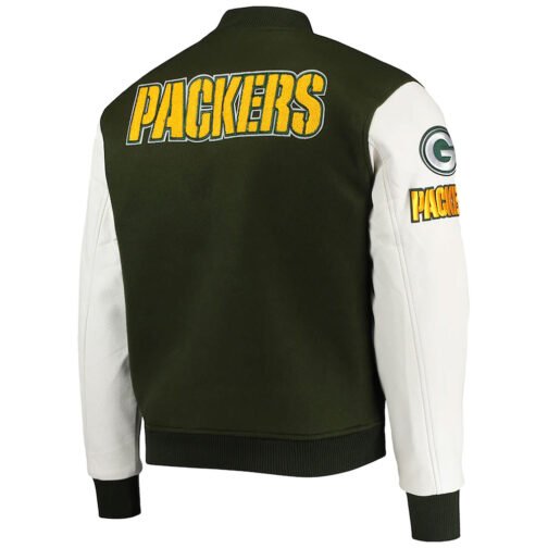 Green Bay Packers Logo Green and White Varsity Jacket - Image 2