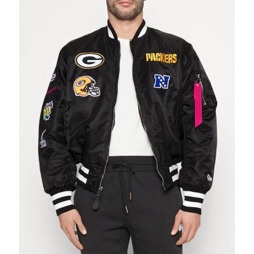 Green Bay Packers Black Bomber MA-1 Jacket - Image 5