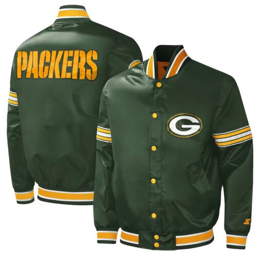 Green Bay Packers Midfield Varsity Green Satin Jacket - Image 3