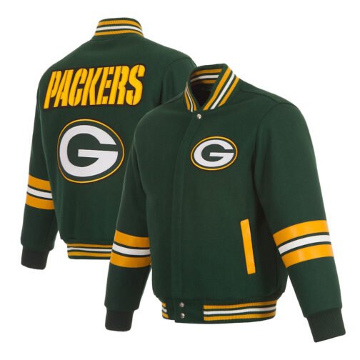 Green Bay Packers Striped Green Varsity Wool Jacket - Image 3