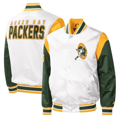 Green Bay Packers Throwback Warm Up Pitch White Varsity Satin Jacket - Image 3