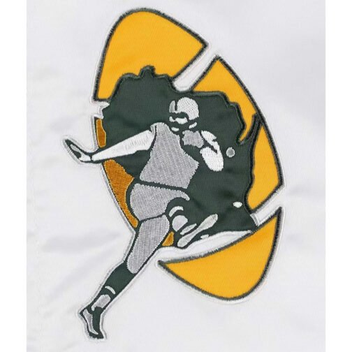 Green Bay Packers Throwback Warm Up Pitch White Varsity Satin Jacket - Image 4