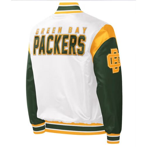 Green Bay Packers Throwback Warm Up Pitch White Varsity Satin Jacket - Image 2