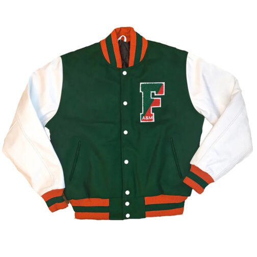 Green/White FAMU Varsity Wool and Leather Jacket