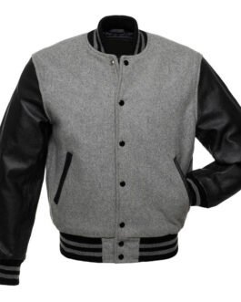 Grey Varsity Jacket with Black Leather Sleeves
