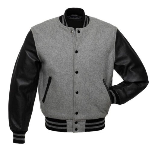 Grey Varsity Jacket with Black Leather Sleeves