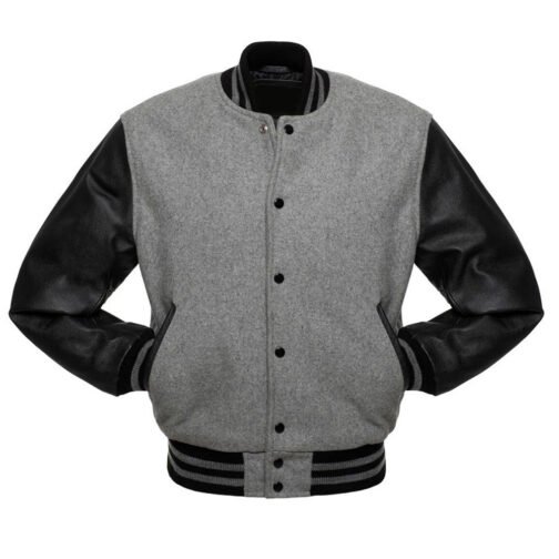 Grey Varsity Jacket with Black Leather Sleeves - Image 3